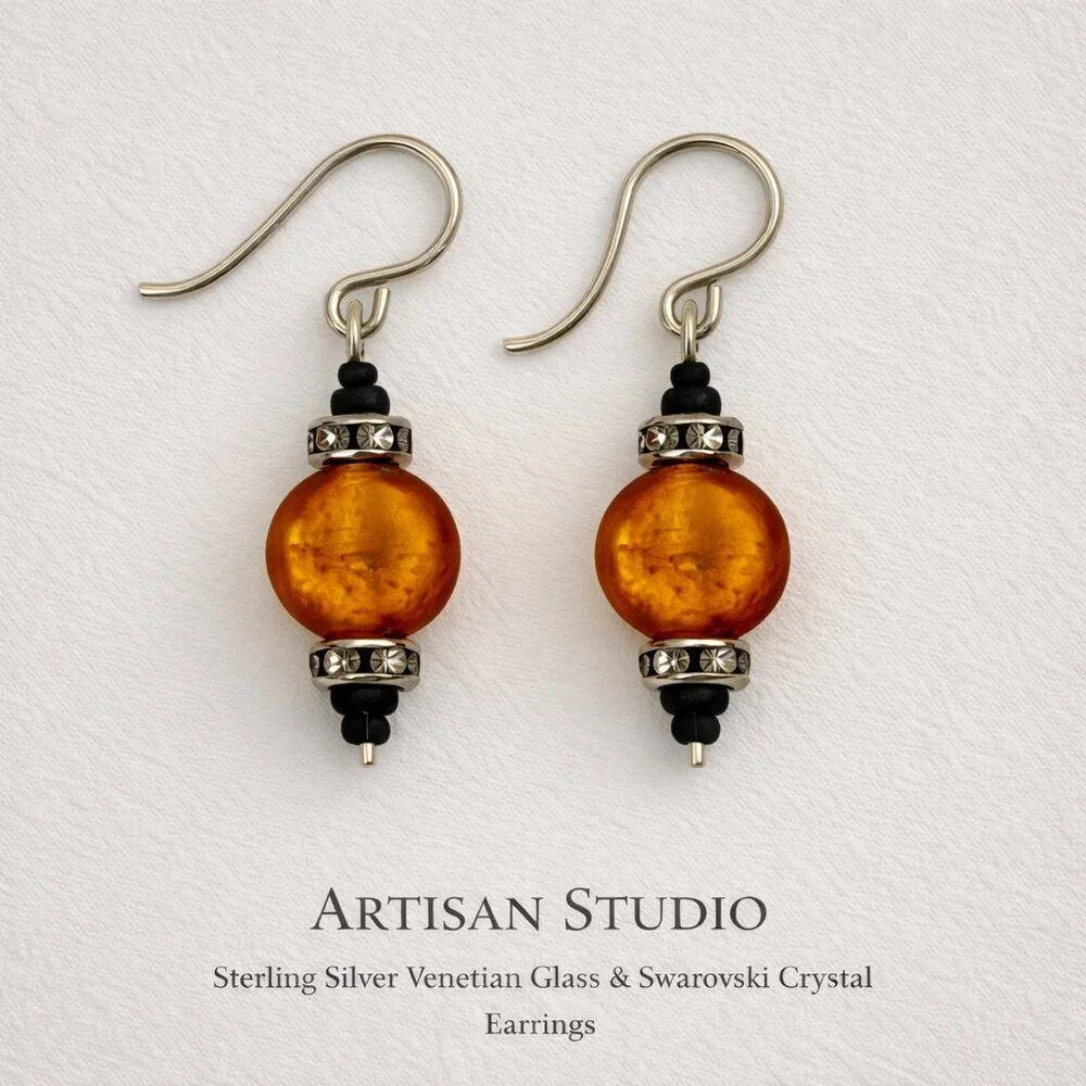 Artisan Sterling Silver Swarovski Crystal 24K Gold Lined Venetian Glass Earrings
